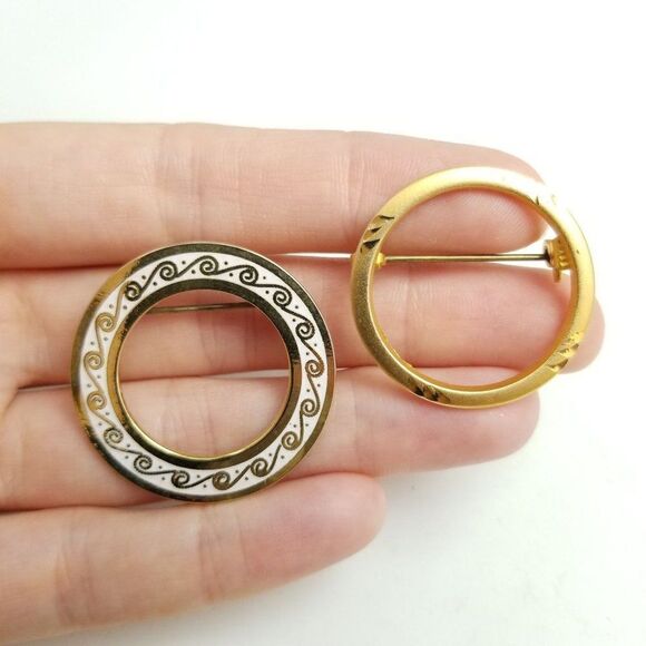 Vintage Lot of 2 Gold Tone Circle Brooch, White Enamel Design Bundle Estate Pins - Picture 1 of 5